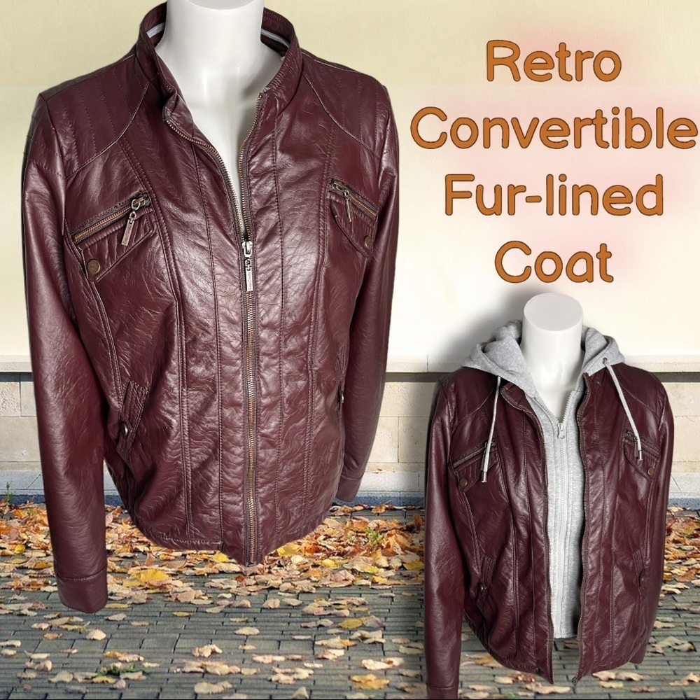 𝅺FAUX Leather Retro Inspired Convertible Fur lined Coat Size XL (juniors)